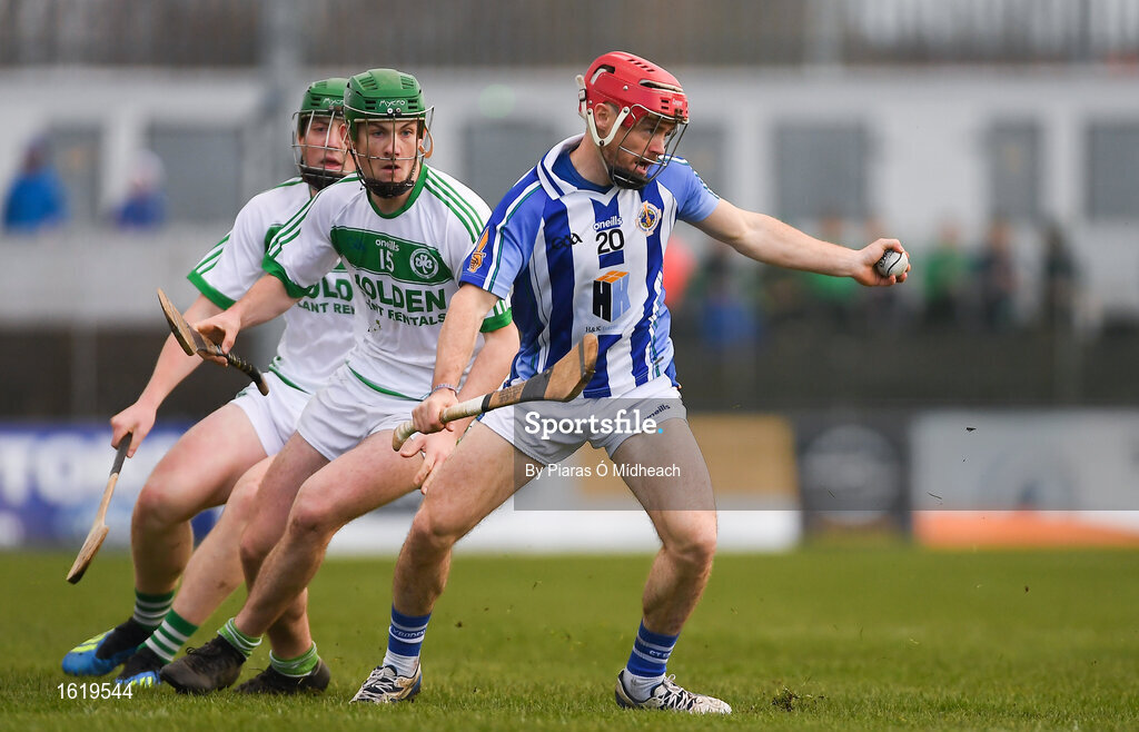 2 December 2018; Niall McMorrow of Ballyboden St Enda's in action against Evan Shefflin, left, and Eoin Cody of Ballyhale Shamrocks during the AIB Leinster GAA Hurling Senior Club Championship Final match Ballyboden St Enda's and Ballyhale Shamrocks at Netwatch Cullen Park in Carlow. Photo by Piaras Ó Mídheach/Sportsfile