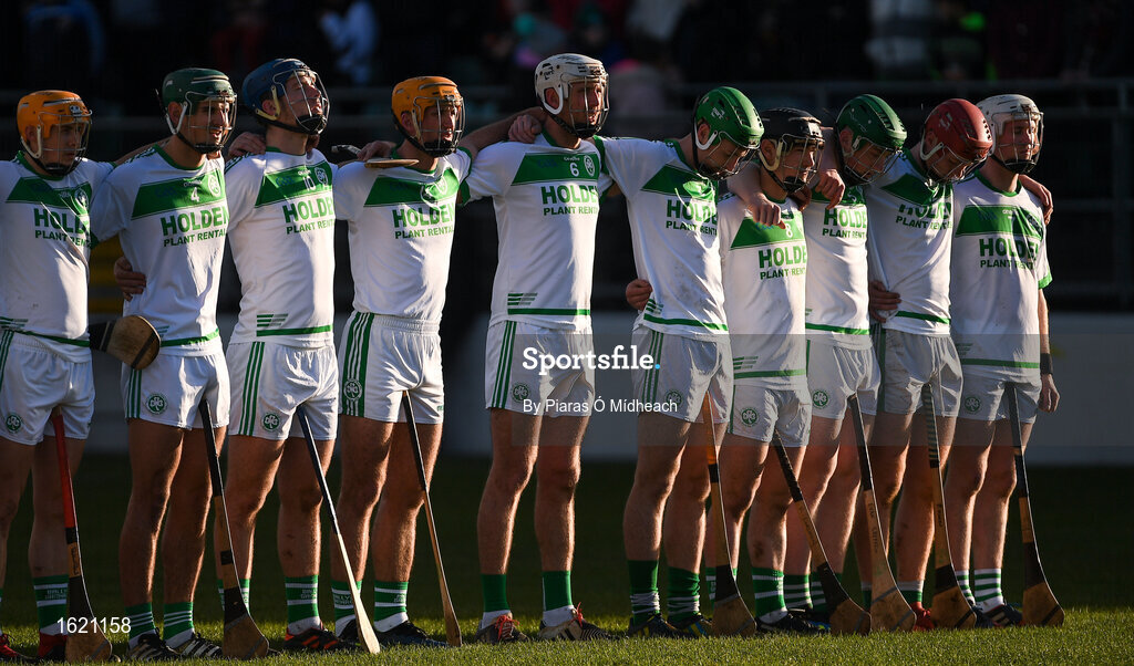 2 December 2018; Ballyhale Shamrocks players stand for Amhrán na bhFiann before the AIB Leinster GAA Hurling Senior Club Championship Final match Ballyboden St Enda's and Ballyhale Shamrocks at Netwatch Cullen Park in Carlow. Photo by Piaras Ó Mídheach/Sportsfile