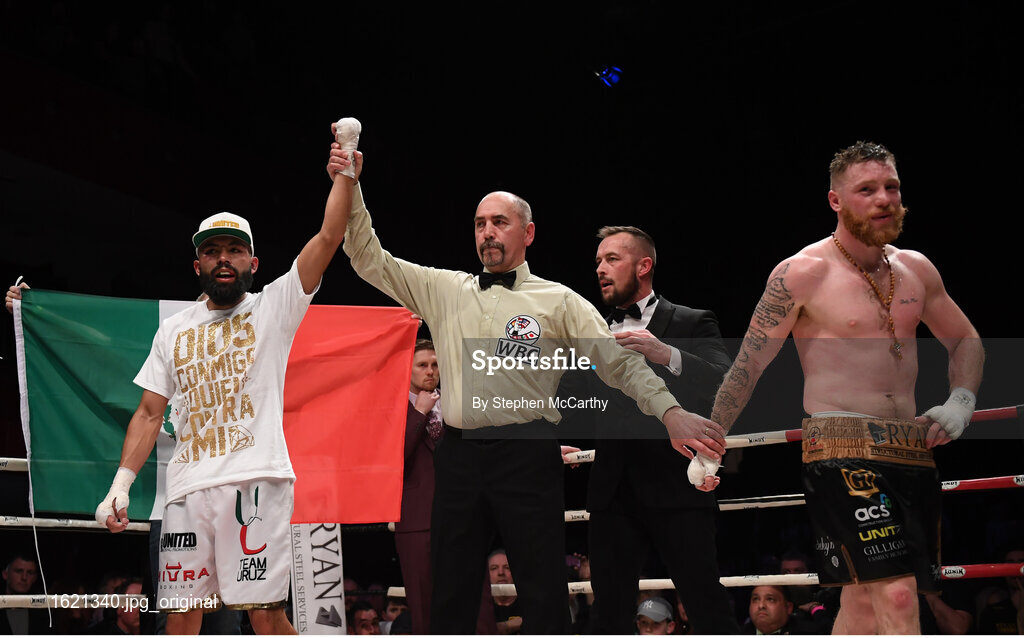 7 December 2018; Christian Uruzquieta is declared victorious following his vacant World Boxing Council International Silver Lightweight Title bout with Ray Moylette at The Royal Theatre in Castlebar, Mayo. Photo by Stephen McCarthy/Sportsfile