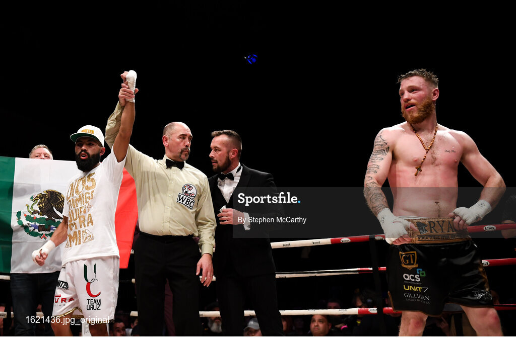 7 December 2018; Christian Uruzquieta is declared victorious over Ray Moylette following their vacant World Boxing Council International Silver Lightweight Title bout at The Royal Theatre in Castlebar, Mayo. Photo by Stephen McCarthy/Sportsfile