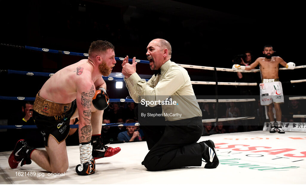7 December 2018; Ray Moylette is given a count during his vacant World Boxing Council International Silver Lightweight Title bout with Christian Uruzquieta at The Royal Theatre in Castlebar, Mayo. Photo by Stephen McCarthy/Sportsfile