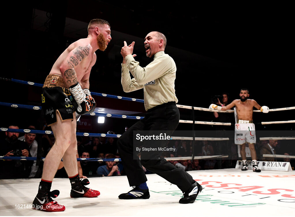 7 December 2018; Ray Moylette is given a count during his vacant World Boxing Council International Silver Lightweight Title bout with Christian Uruzquieta at The Royal Theatre in Castlebar, Mayo. Photo by Stephen McCarthy/Sportsfile