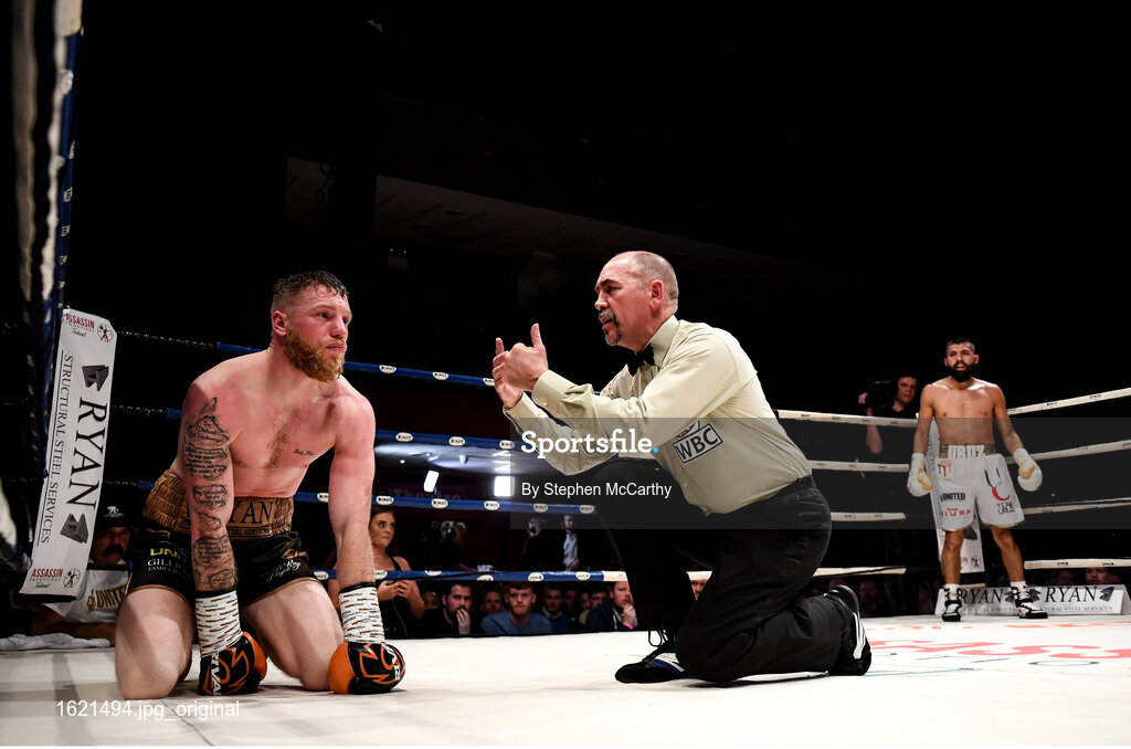 7 December 2018; Ray Moylette is given a count during his vacant World Boxing Council International Silver Lightweight Title bout with Christian Uruzquieta at The Royal Theatre in Castlebar, Mayo. Photo by Stephen McCarthy/Sportsfile