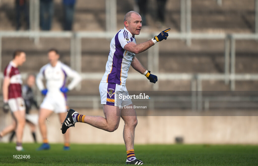 9 December 2018; Pat Burke of Kilmacud Crokes celebrates after scoring his side's firt goal during the AIB Leinster GAA Football Senior Club Championship Final match between Kilmacud Crokes and Mullinalaghta St Columba's at Bord na Móna O'Connor Park in Offaly. Photo by Daire Brennan/Sportsfile
