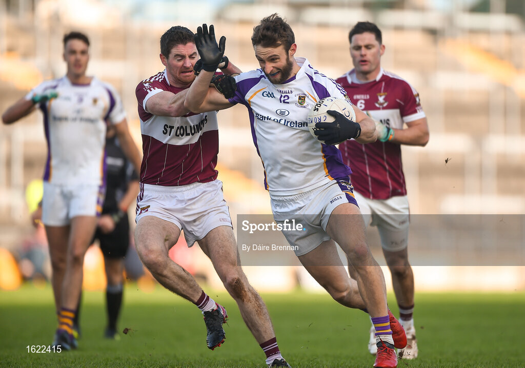 9 December 2018; Shane Horan of Kilmacud Crokes in action against Francis Mulligan of Mullinalaghta St Columba's during the AIB Leinster GAA Football Senior Club Championship Final match between Kilmacud Crokes and Mullinalaghta St Columba's at Bord na Móna O'Connor Park in Offaly. Photo by Daire Brennan/Sportsfile