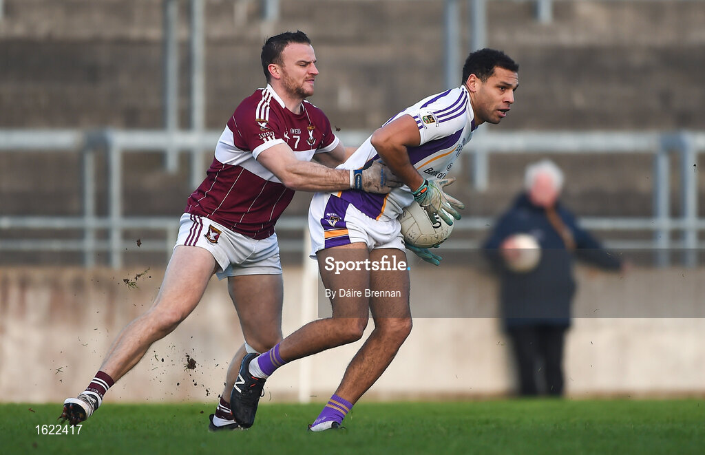 9 December 2018; Craig Dias of Kilmacud Crokes in action against Dónal McElligott of Mullinalaghta St Columba's during the AIB Leinster GAA Football Senior Club Championship Final match between Kilmacud Crokes and Mullinalaghta St Columba's at Bord na Móna O'Connor Park in Offaly. Photo by Daire Brennan/Sportsfile