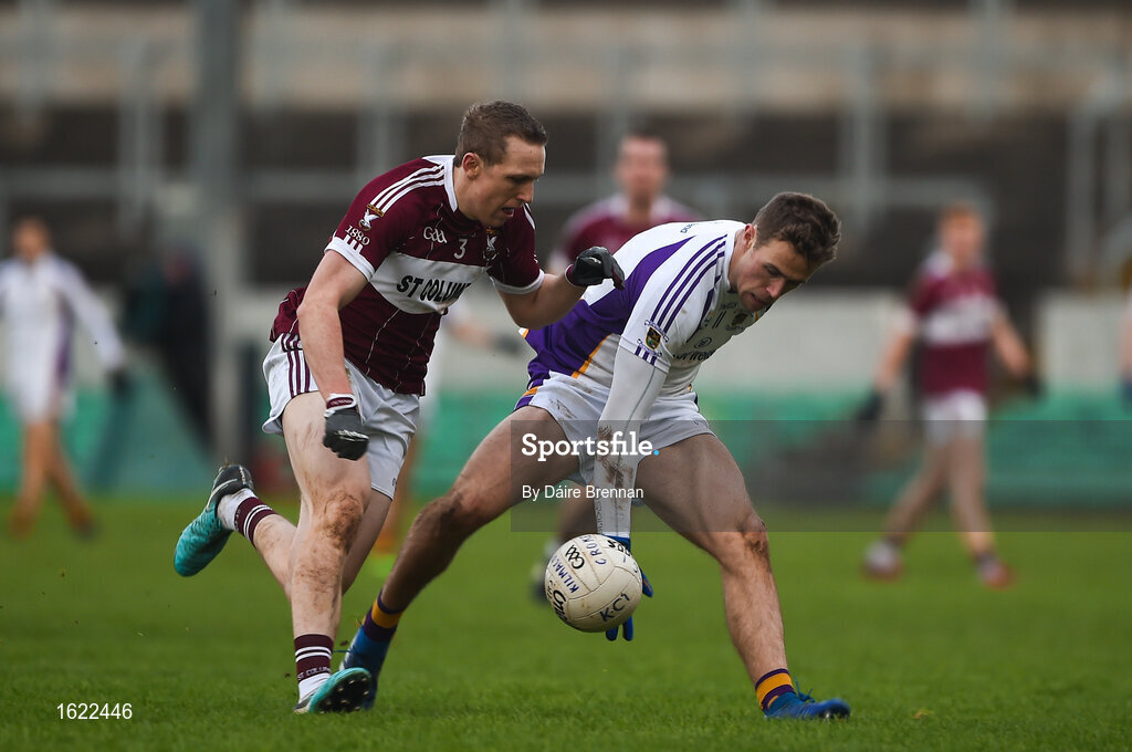 9 December 2018; Paul Mannion of Kilmacud Crokes in action against Patrick Fox of Mullinalaghta St Columba's during the AIB Leinster GAA Football Senior Club Championship Final match between Kilmacud Crokes and Mullinalaghta St Columba's at Bord na Móna O'Connor Park in Offaly. Photo by Daire Brennan/Sportsfile