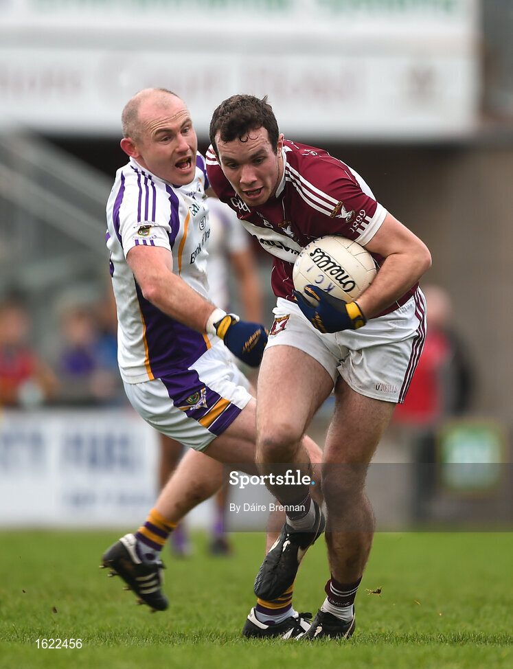 9 December 2018; David McGivney of Mullinalaghta St Columba's in action against Pat Burke of Kilmacud Crokes during the AIB Leinster GAA Football Senior Club Championship Final match between Kilmacud Crokes and Mullinalaghta St Columba's at Bord na Móna O'Connor Park in Offaly. Photo by Daire Brennan/Sportsfile