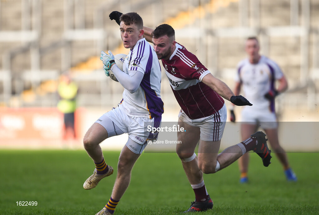 9 December 2018; Cian O'Connor of Kilmacud Crokes in action against Aidan McElligott of Mullinalaghta St Columba's during the AIB Leinster GAA Football Senior Club Championship Final match between Kilmacud Crokes and Mullinalaghta St Columba's at Bord na Móna O'Connor Park in Offaly. Photo by Daire Brennan/Sportsfile