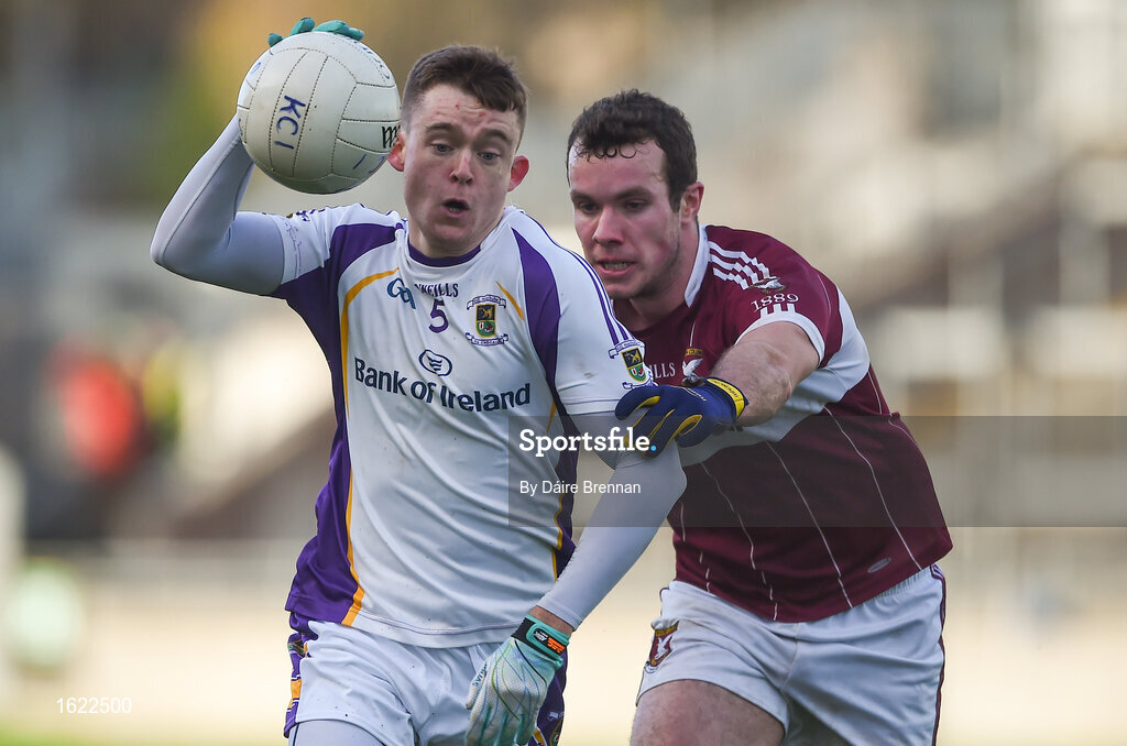 9 December 2018; Cian O'Connor of Kilmacud Crokes in action against David McGivney of Mullinalaghta St Columba's during the AIB Leinster GAA Football Senior Club Championship Final match between Kilmacud Crokes and Mullinalaghta St Columba's at Bord na Móna O'Connor Park in Offaly. Photo by Daire Brennan/Sportsfile