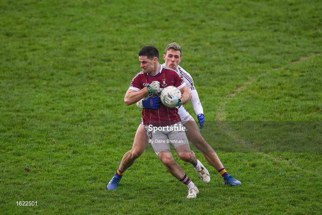9 December 2018; Shane Mulligan of Mullinalaghta St Columba's in action against Paul Mannion of Kilmacud Crokes during the AIB Leinster GAA Football Senior Club Championship Final match between Kilmacud Crokes and Mullinalaghta St Columba's at Bord na Móna O'Connor Park in Offaly. Photo by Daire Brennan/Sportsfile