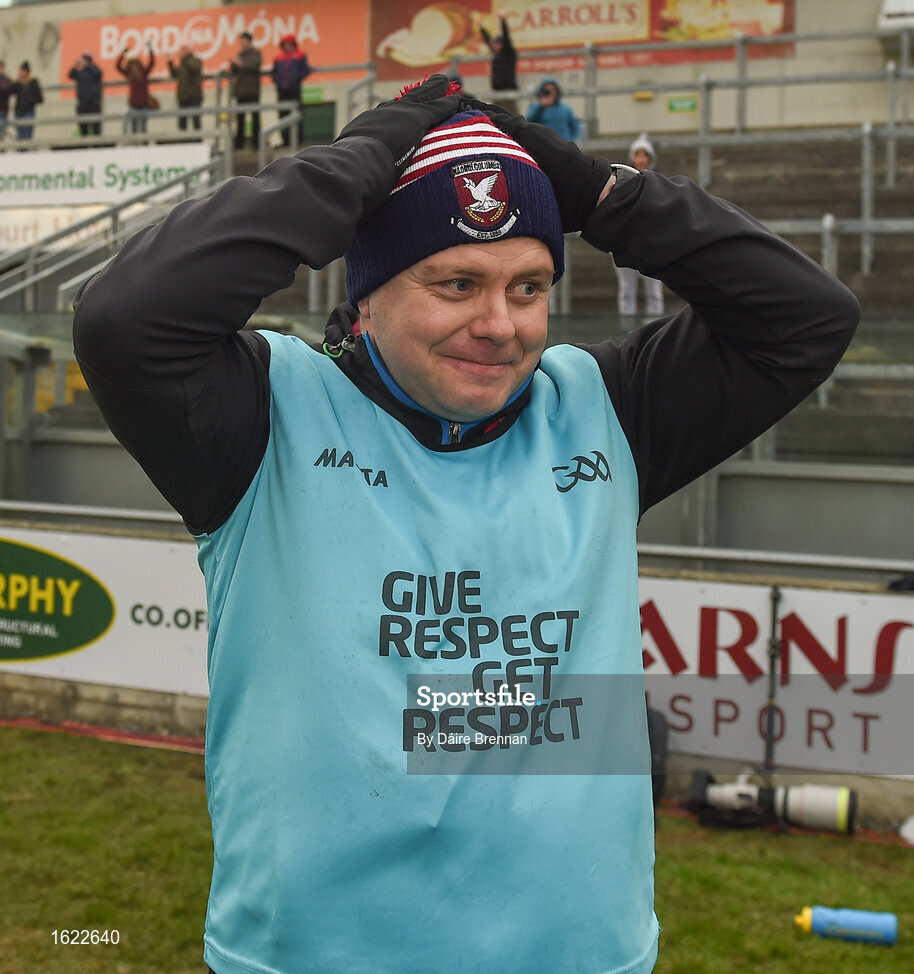 9 December 2018; Mullinalaghta St Columba's manager Mickey Graham reacts at the final whistle after the AIB Leinster GAA Football Senior Club Championship Final match between Kilmacud Crokes and Mullinalaghta St Columba's at Bord na Móna O'Connor Park in Offaly. Photo by Daire Brennan/Sportsfile