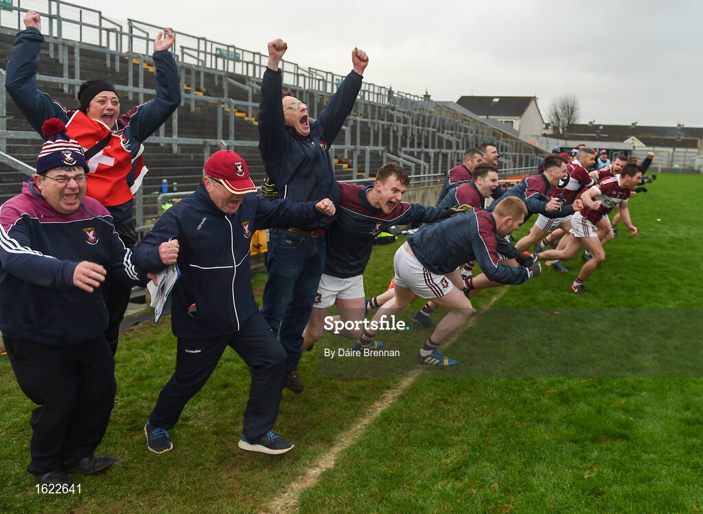 9 December 2018; Mullinalaghta St Columba's substitutes and officials react at the final whistle after the AIB Leinster GAA Football Senior Club Championship Final match between Kilmacud Crokes and Mullinalaghta St Columba's at Bord na Móna O'Connor Park in Offaly. Photo by Daire Brennan/Sportsfile