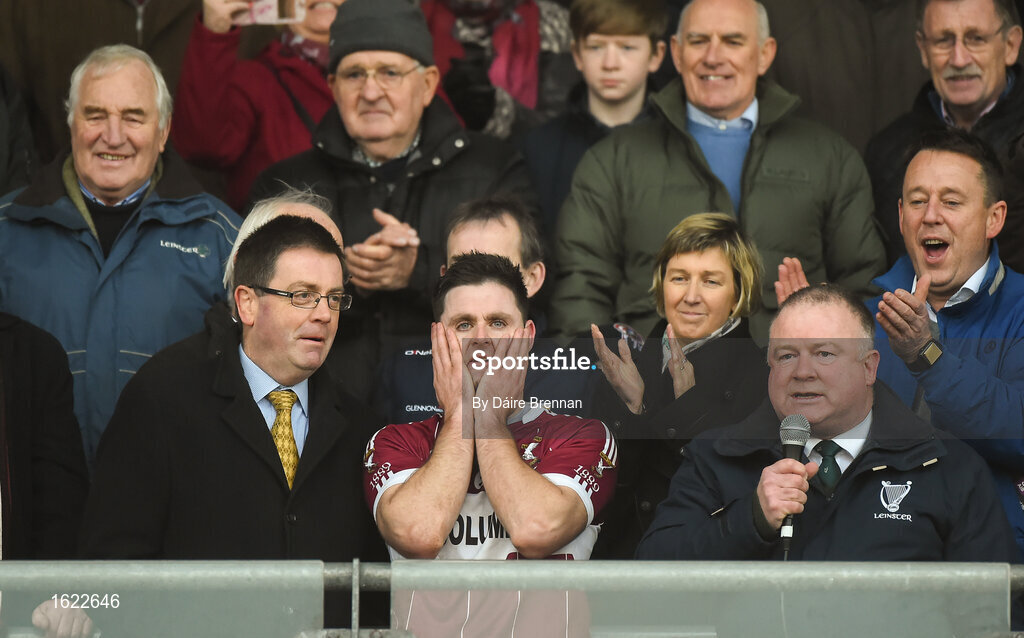 9 December 2018; Mullinalaghta St Columba's captain Shane Mulligan waits to lift the cup after the AIB Leinster GAA Football Senior Club Championship Final match between Kilmacud Crokes and Mullinalaghta St Columba's at Bord na Móna O'Connor Park in Offaly. Photo by Daire Brennan/Sportsfile