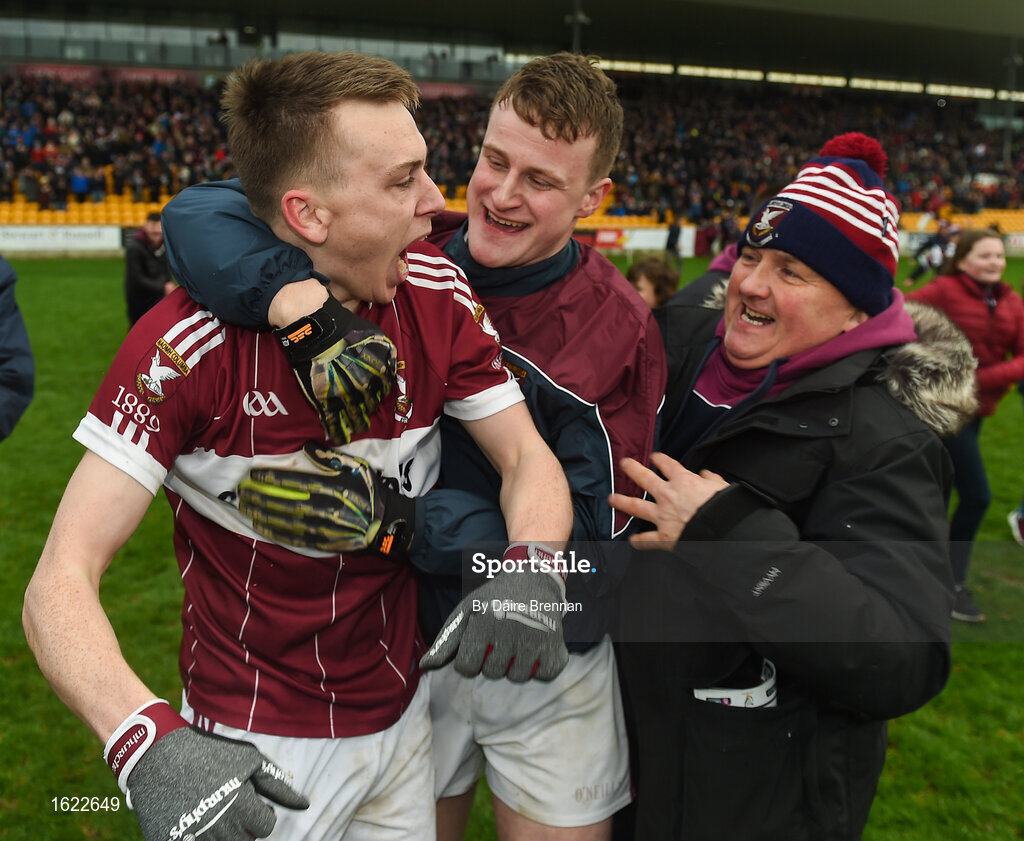 9 December 2018; Brendan Fox of Mullinalaghta St Columba's celebrates with supporters after the AIB Leinster GAA Football Senior Club Championship Final match between Kilmacud Crokes and Mullinalaghta St Columba's at Bord na Móna O'Connor Park in Offaly. Photo by Daire Brennan/Sportsfile
