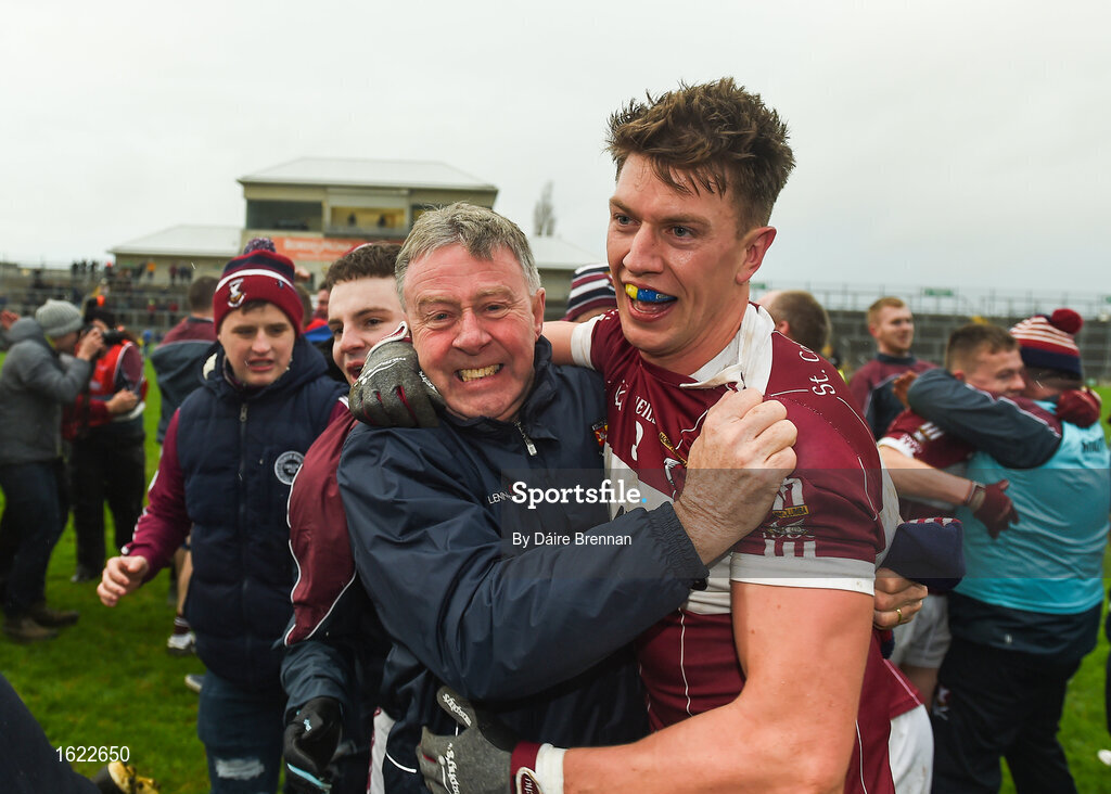 9 December 2018; John Keegan of Mullinalaghta St Columba's celebrates with supporters after the AIB Leinster GAA Football Senior Club Championship Final match between Kilmacud Crokes and Mullinalaghta St Columba's at Bord na Móna O'Connor Park in Offaly. Photo by Daire Brennan/Sportsfile