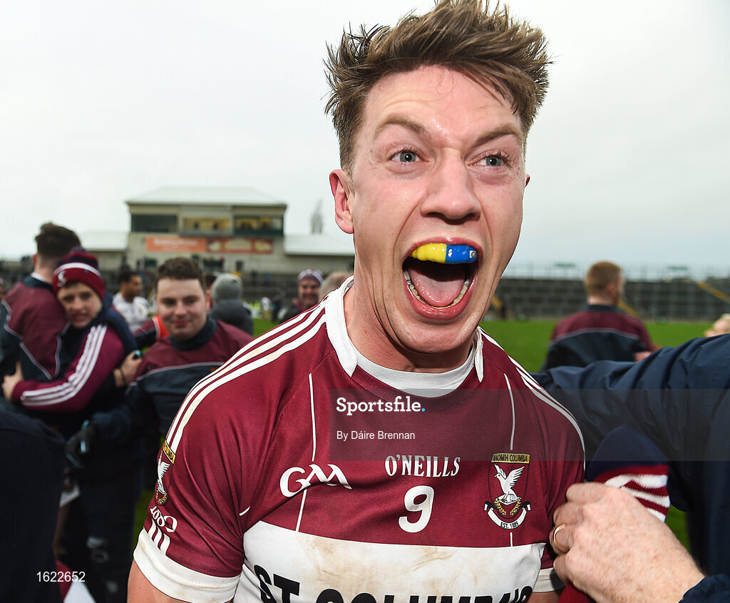 9 December 2018; John Keegan of Mullinalaghta St Columba's celebrates with supporters after the AIB Leinster GAA Football Senior Club Championship Final match between Kilmacud Crokes and Mullinalaghta St Columba's at Bord na Móna O'Connor Park in Offaly. Photo by Daire Brennan/Sportsfile