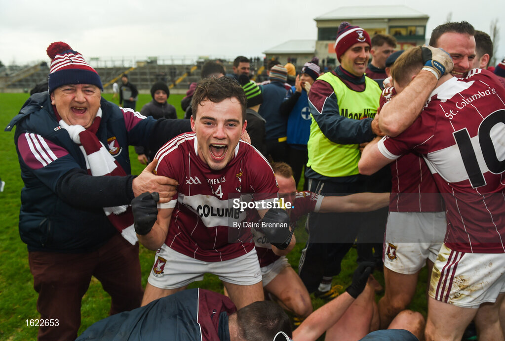 9 December 2018; Rian Brady of Mullinalaghta St Columba's celebrates with supporters after the AIB Leinster GAA Football Senior Club Championship Final match between Kilmacud Crokes and Mullinalaghta St Columba's at Bord na Móna O'Connor Park in Offaly. Photo by Daire Brennan/Sportsfile