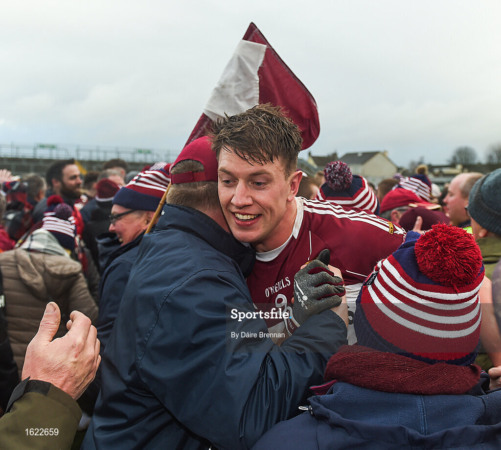 9 December 2018; David McGivney of Mullinalaghta St Columba's celebrates with supporters after the AIB Leinster GAA Football Senior Club Championship Final match between Kilmacud Crokes and Mullinalaghta St Columba's at Bord na Móna O'Connor Park in Offaly. Photo by Daire Brennan/Sportsfile