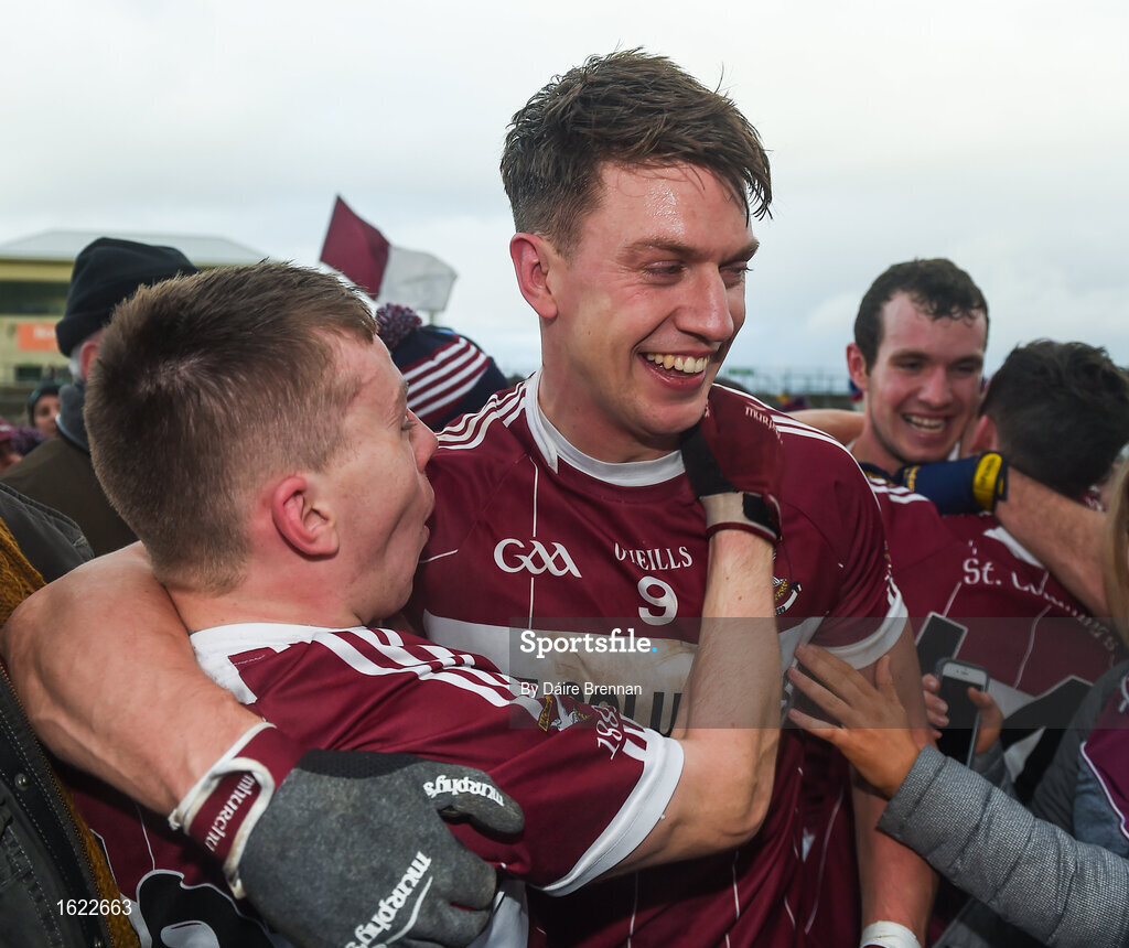 9 December 2018; David McGivney, right, and Michael Cunningham of Mullinalaghta St Columba's celebrate with supporters after the AIB Leinster GAA Football Senior Club Championship Final match between Kilmacud Crokes and Mullinalaghta St Columba's at Bord na Móna O'Connor Park in Offaly. Photo by Daire Brennan/Sportsfile