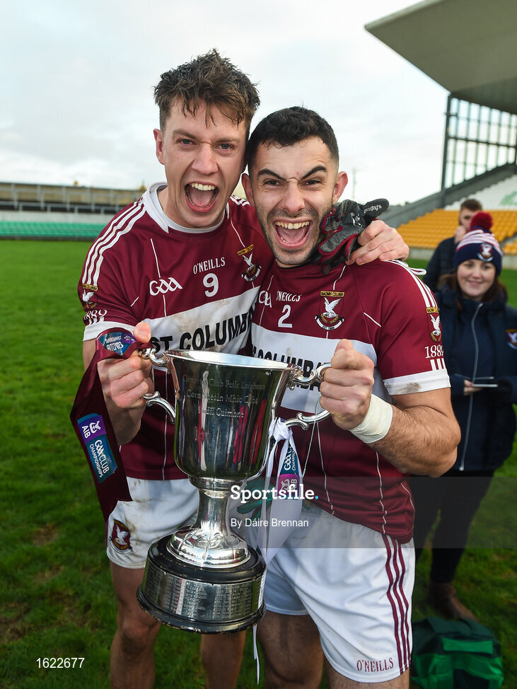 9 December 2018; Mullinalaghta St Columba's players David McGivney, left, and Simon Cadam celebrate with the cup after the AIB Leinster GAA Football Senior Club Championship Final match between Kilmacud Crokes and Mullinalaghta St Columba's at Bord na Móna O'Connor Park in Offaly. Photo by Daire Brennan/Sportsfile