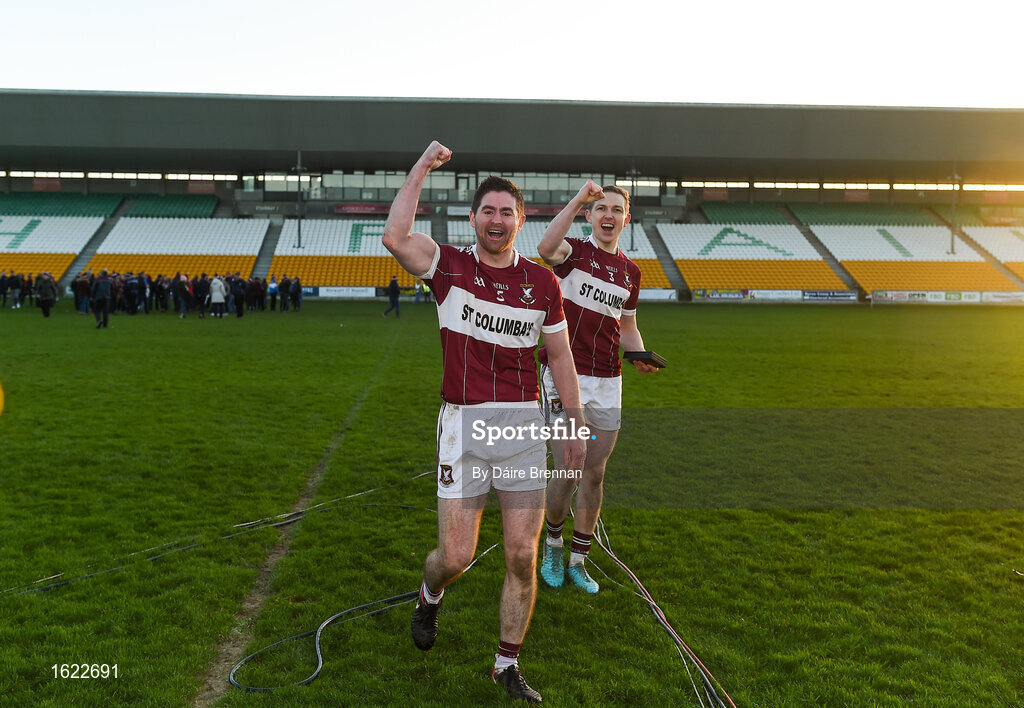 9 December 2018; Mullinalaghta St Columba's players Francis Mulligan, left, and Patrick Fox celebrate after the AIB Leinster GAA Football Senior Club Championship Final match between Kilmacud Crokes and Mullinalaghta St Columba's at Bord na Móna O'Connor Park in Offaly. Photo by Daire Brennan/Sportsfile