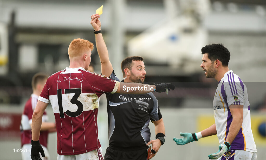 9 December 2018; Cian O'Sullivan of Kilmacud Crokes argues with referee David Gough after being sent off during the AIB Leinster GAA Football Senior Club Championship Final match between Kilmacud Crokes and Mullinalaghta St Columba's at Bord na Móna O'Connor Park in Offaly. Photo by Daire Brennan/Sportsfile