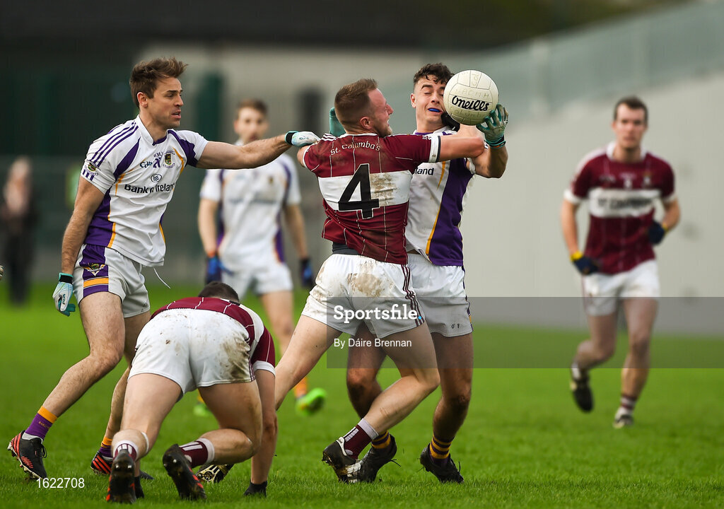 9 December 2018; Conan Brady of Mullinalaghta St Columba's in action against Conor Casey of Kilmacud Crokes during the AIB Leinster GAA Football Senior Club Championship Final match between Kilmacud Crokes and Mullinalaghta St Columba's at Bord na Móna O'Connor Park in Offaly. Photo by Daire Brennan/Sportsfile