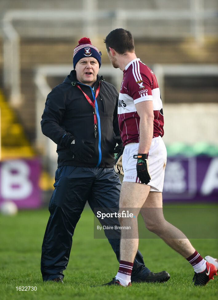 9 December 2018; Mullinalaghta St Columba's manager Mickey Graham gives instructions to Francis Mulligan ahead of the AIB Leinster GAA Football Senior Club Championship Final match between Kilmacud Crokes and Mullinalaghta St Columba's at Bord na Móna O'Connor Park in Offaly. Photo by Daire Brennan/Sportsfile