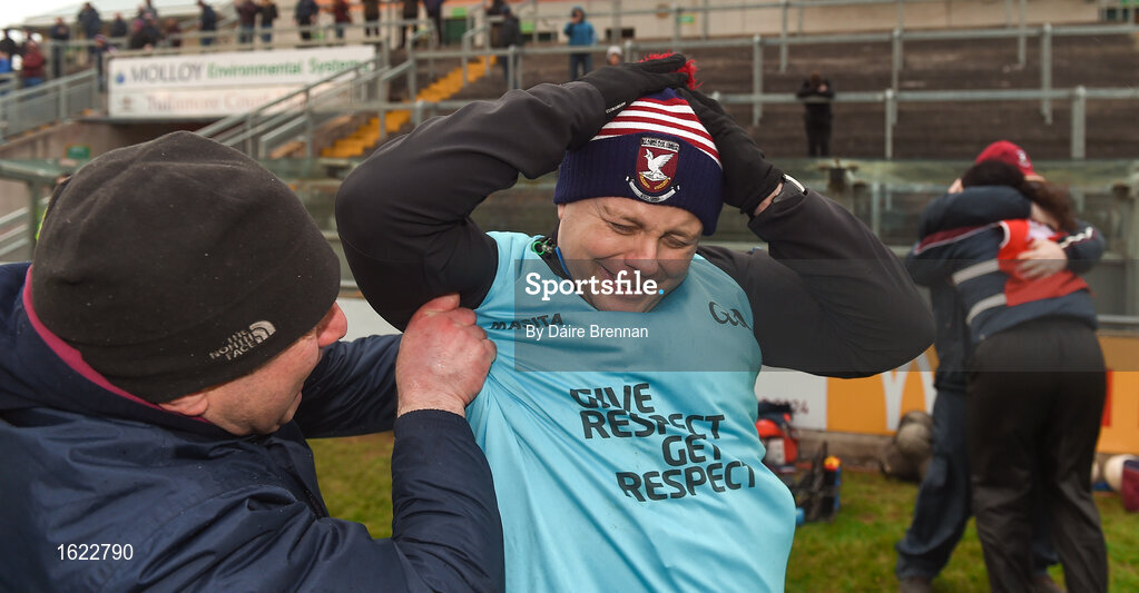 9 December 2018; Mullinalaghta St Columba's manager Mickey Graham is congratulated by a supporter after the AIB Leinster GAA Football Senior Club Championship Final match between Kilmacud Crokes and Mullinalaghta St Columba's at Bord na Móna O'Connor Park in Offaly. Photo by Daire Brennan/Sportsfile