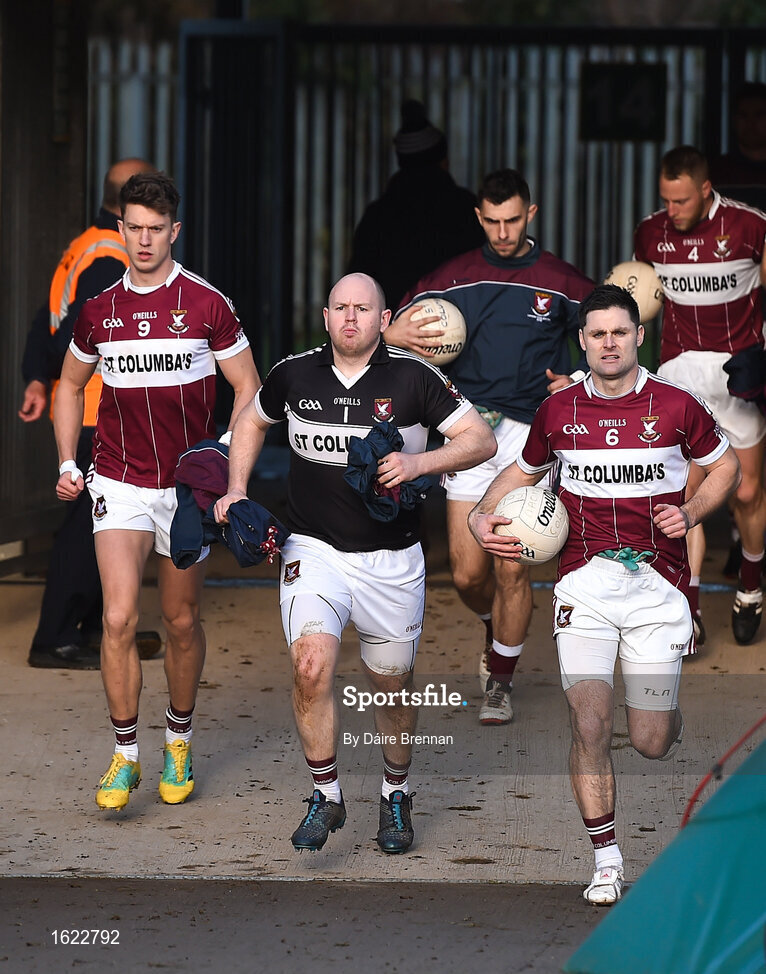9 December 2018; Mullinalaghta St Columba's captain Shane Mulligan leads his side out ahead of the AIB Leinster GAA Football Senior Club Championship Final match between Kilmacud Crokes and Mullinalaghta St Columba's at Bord na Móna O'Connor Park in Offaly. Photo by Daire Brennan/Sportsfile