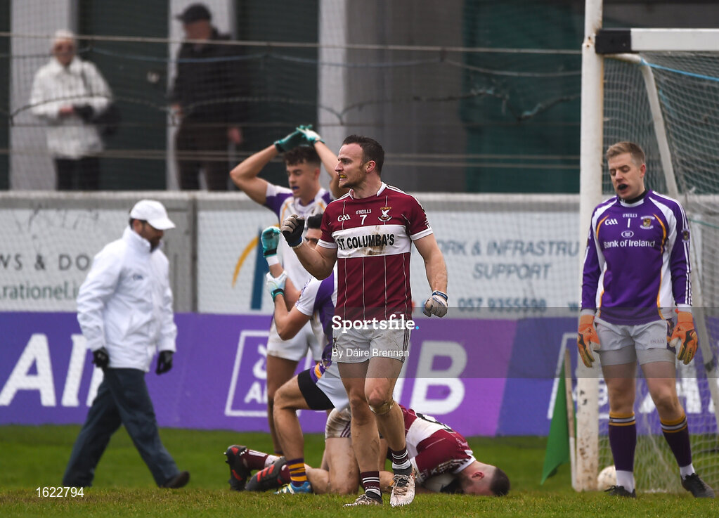 9 December 2018; Dónal McElligott of Mullinalaghta St Columba's celebrates after his side were awarded a penalty during the AIB Leinster GAA Football Senior Club Championship Final match between Kilmacud Crokes and Mullinalaghta St Columba's at Bord na Móna O'Connor Park in Offaly. Photo by Daire Brennan/Sportsfile