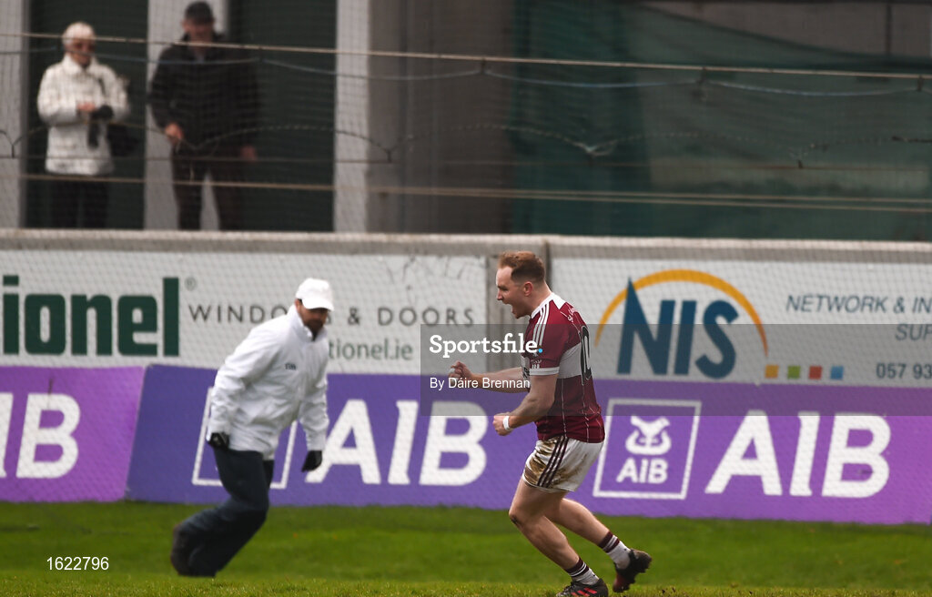 9 December 2018; Gary Rogers of Mullinalaghta St Columba's celebrates after scoring his side's first goal from a penalty during the AIB Leinster GAA Football Senior Club Championship Final match between Kilmacud Crokes and Mullinalaghta St Columba's at Bord na Móna O'Connor Park in Offaly. Photo by Daire Brennan/Sportsfile