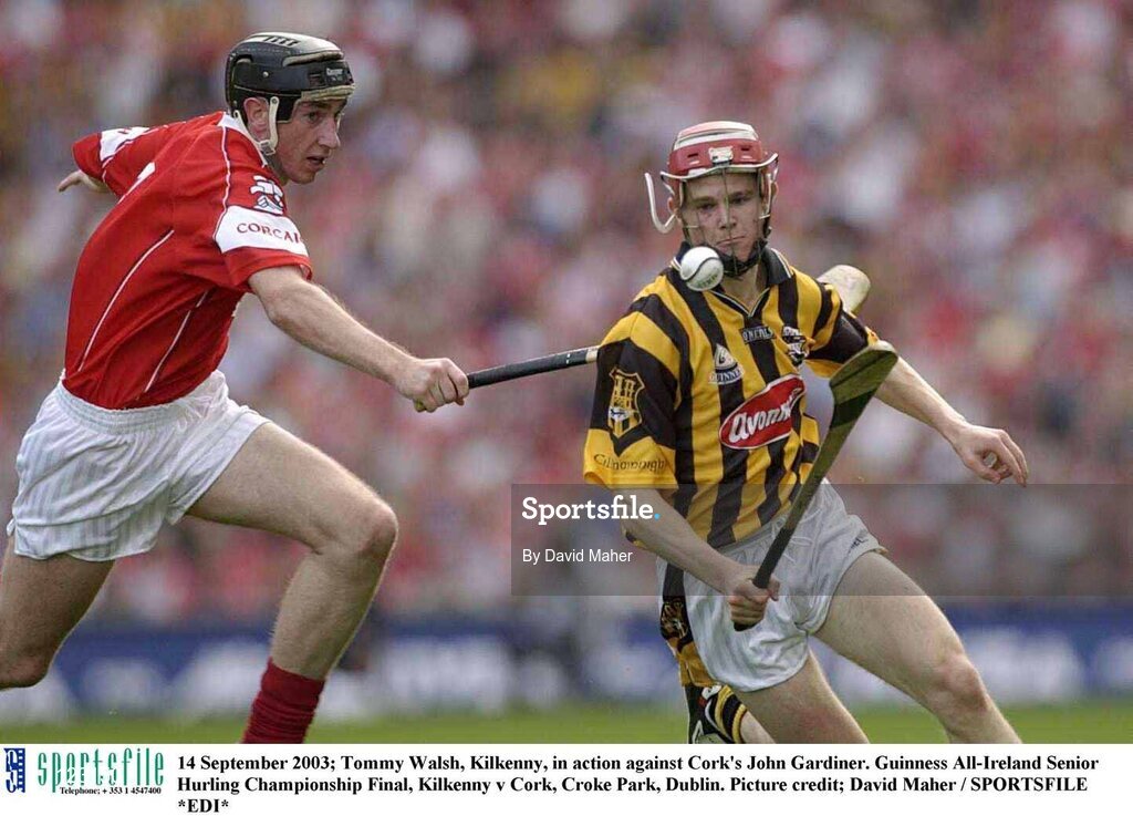 14 September 2003; Tommy Walsh, Kilkenny, in action against Cork's John Gardiner. Guinness All-Ireland Senior Hurling Championship Final, Kilkenny v Cork, Croke Park, Dublin. Picture credit; David Maher / SPORTSFILE *EDI*