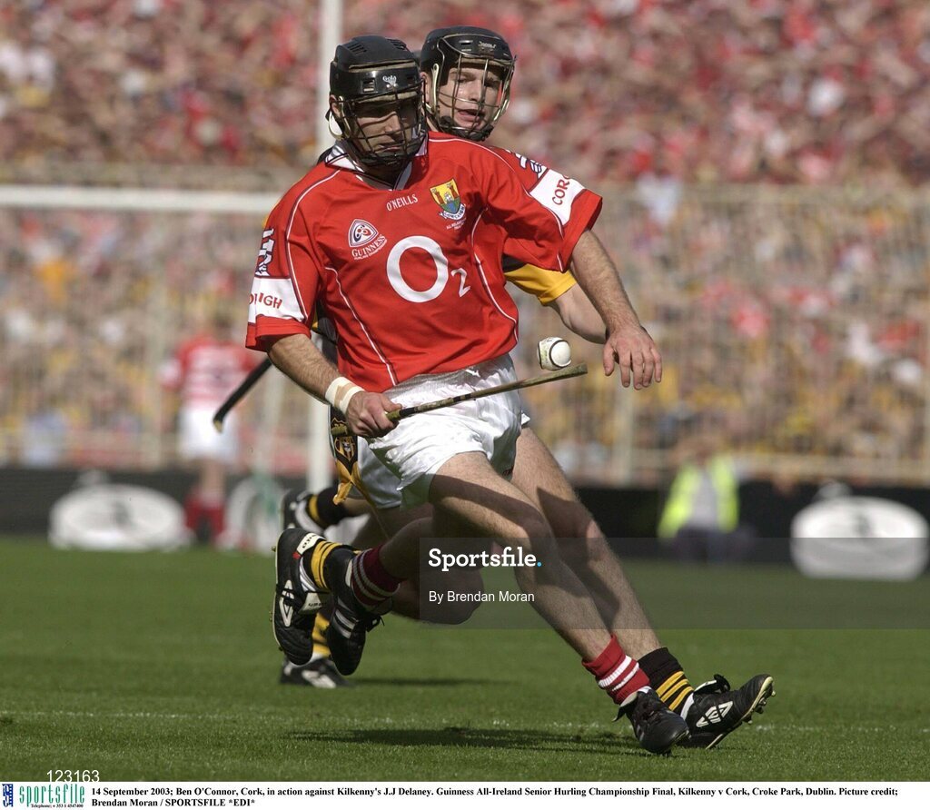 14 September 2003; Ben O'Connor, Cork, in action against Kilkenny's J.J Delaney. Guinness All-Ireland Senior Hurling Championship Final, Kilkenny v Cork, Croke Park, Dublin. Picture credit;  Brendan Moran / SPORTSFILE *EDI*