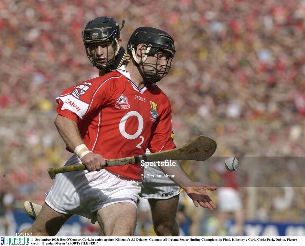 14 September 2003; Ben O'Connor, Cork, in action against Kilkenny's J.J Delaney. Guinness All-Ireland Senior Hurling Championship Final, Kilkenny v Cork, Croke Park, Dublin. Picture credit;  Brendan Moran / SPORTSFILE *EDI*