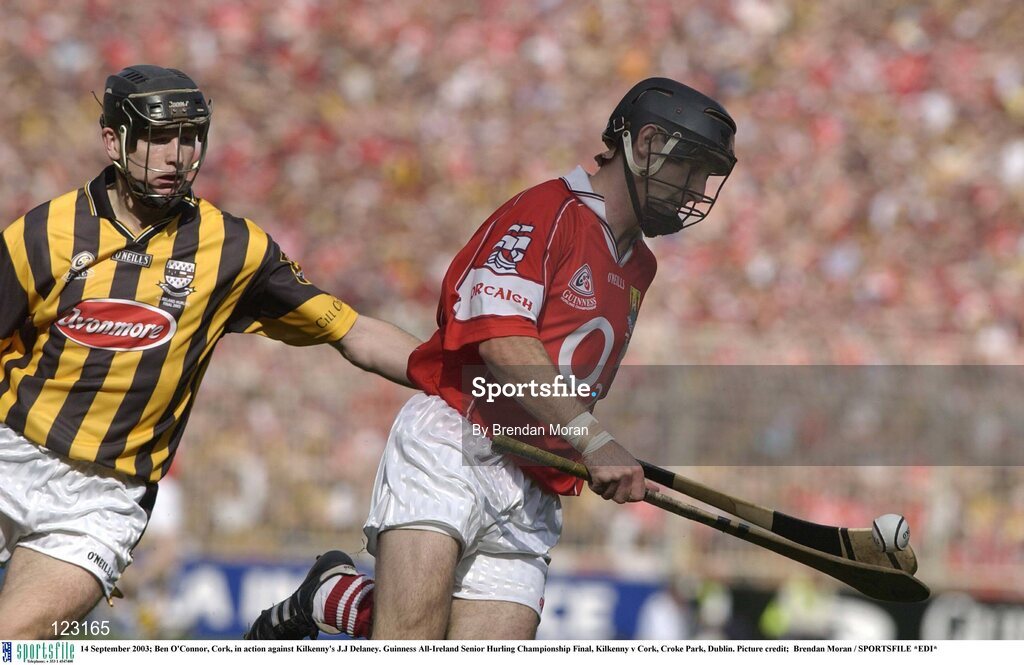 14 September 2003; Ben O'Connor, Cork, in action against Kilkenny's J.J Delaney. Guinness All-Ireland Senior Hurling Championship Final, Kilkenny v Cork, Croke Park, Dublin. Picture credit;  Brendan Moran / SPORTSFILE *EDI*