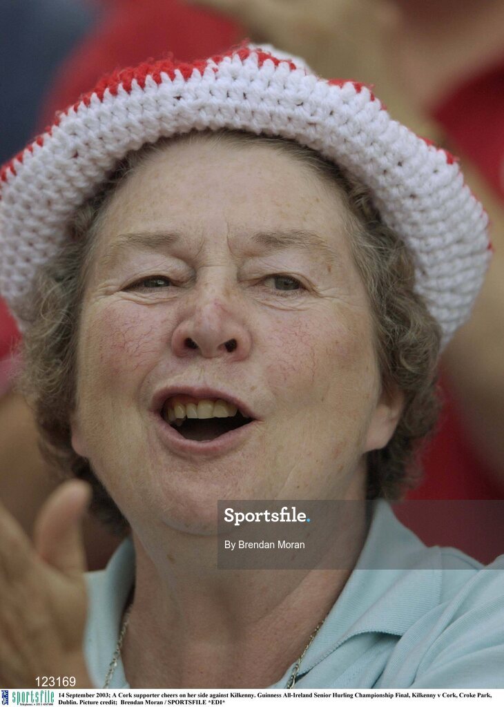 14 September 2003; A Cork supporter cheers on her side against Kilkenny. Guinness All-Ireland Senior Hurling Championship Final, Kilkenny v Cork, Croke Park, Dublin. Picture credit;  Brendan Moran / SPORTSFILE *EDI*