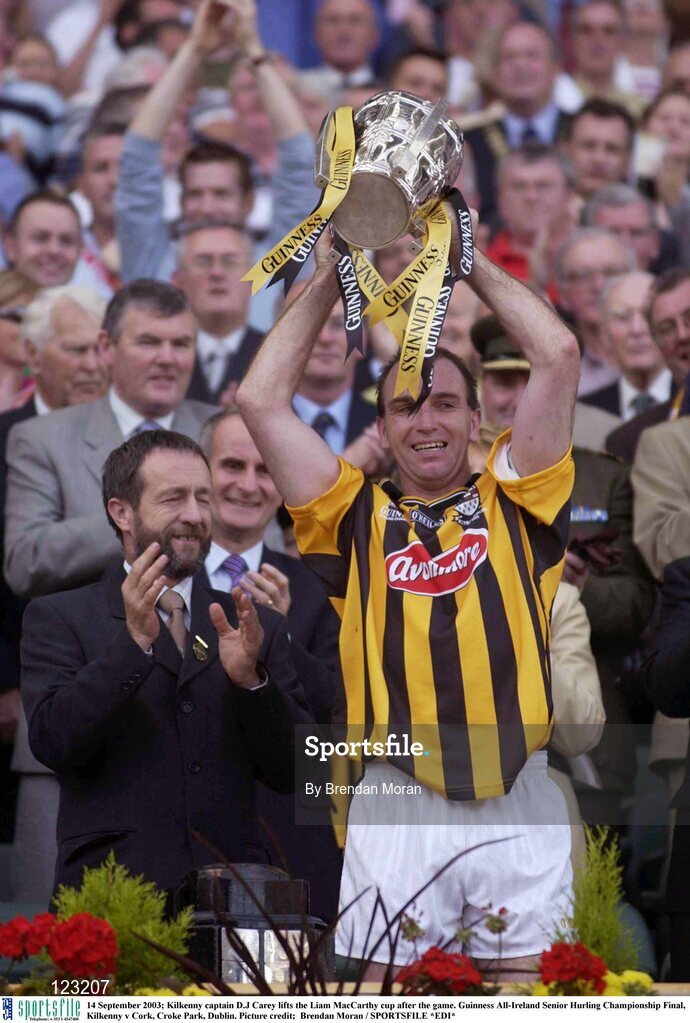 14 September 2003; Kilkenny captain D.J Carey lifts the Liam MacCarthy cup after the game. Guinness All-Ireland Senior Hurling Championship Final, Kilkenny v Cork, Croke Park, Dublin. Picture credit;  Brendan Moran / SPORTSFILE *EDI*