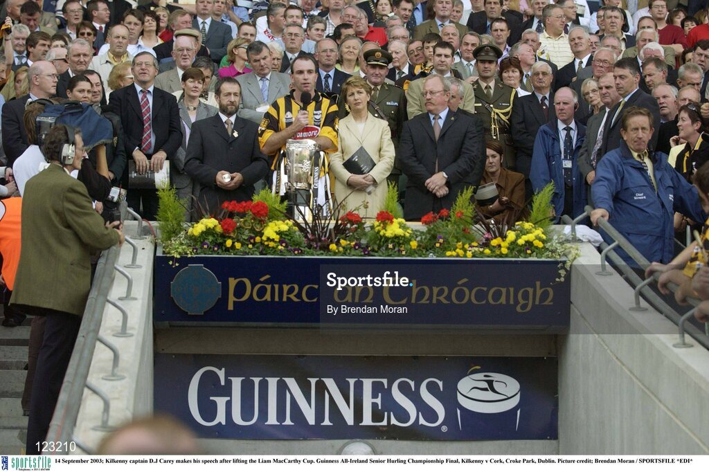 14 September 2003; Kilkenny captain D.J Carey makes his speech after lifting the Liam MacCarthy Cup. Guinness All-Ireland Senior Hurling Championship Final, Kilkenny v Cork, Croke Park, Dublin. Picture credit; Brendan Moran / SPORTSFILE *EDI*