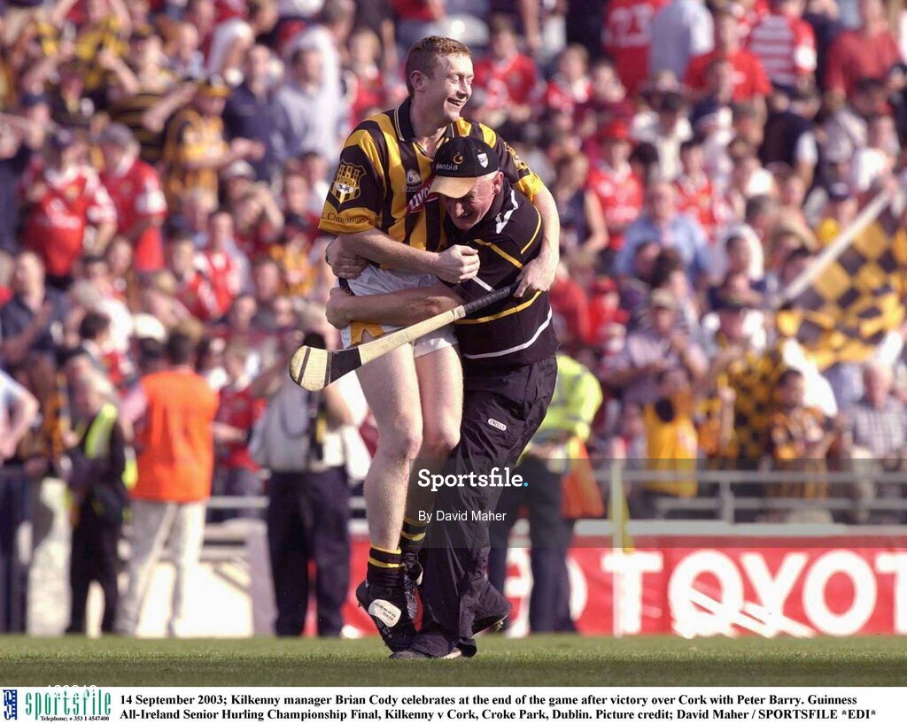 14 September 2003; Kilkenny manager Brian Cody celebrates at the end of the game after victory over Cork with Peter Barry. Guinness All-Ireland Senior Hurling Championship Final, Kilkenny v Cork, Croke Park, Dublin. Picture credit; David Maher / SPORTSFILE *EDI*