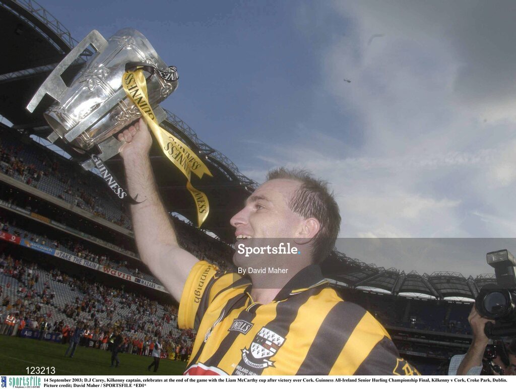 14 September 2003; DJ Carey, Kilkenny captain, celebrates at the end of the game with the Liam MacCarthy cup after victory over Cork. Guinness All-Ireland Senior Hurling Championship Final, Kilkenny v Cork, Croke Park, Dublin. Picture credit; David Maher / SPORTSFILE *EDI*