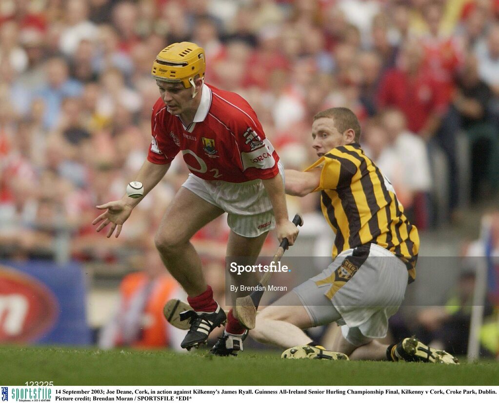 14 September 2003; Joe Deane, Cork, in action against Kilkenny's James Ryall. Guinness All-Ireland Senior Hurling Championship Final, Kilkenny v Cork, Croke Park, Dublin. Picture credit; Brendan Moran / SPORTSFILE *EDI*