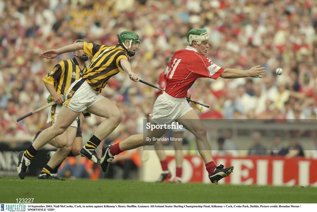 14 September 2003; Niall McCarthy, Cork, in action against Kilkenny's Henry Shefflin. Guinness All-Ireland Senior Hurling Championship Final, Kilkenny v Cork, Croke Park, Dublin. Picture credit; Brendan Moran / SPORTSFILE *EDI*