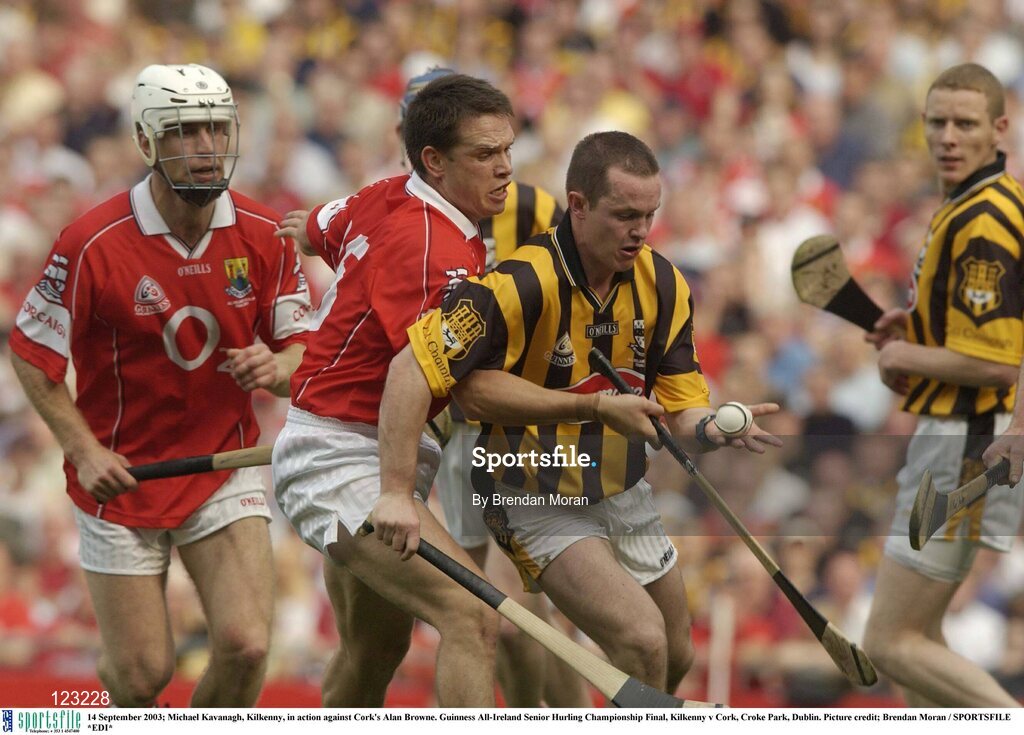 14 September 2003; Michael Kavanagh, Kilkenny, in action against Cork's Alan Browne. Guinness All-Ireland Senior Hurling Championship Final, Kilkenny v Cork, Croke Park, Dublin. Picture credit; Brendan Moran / SPORTSFILE *EDI*