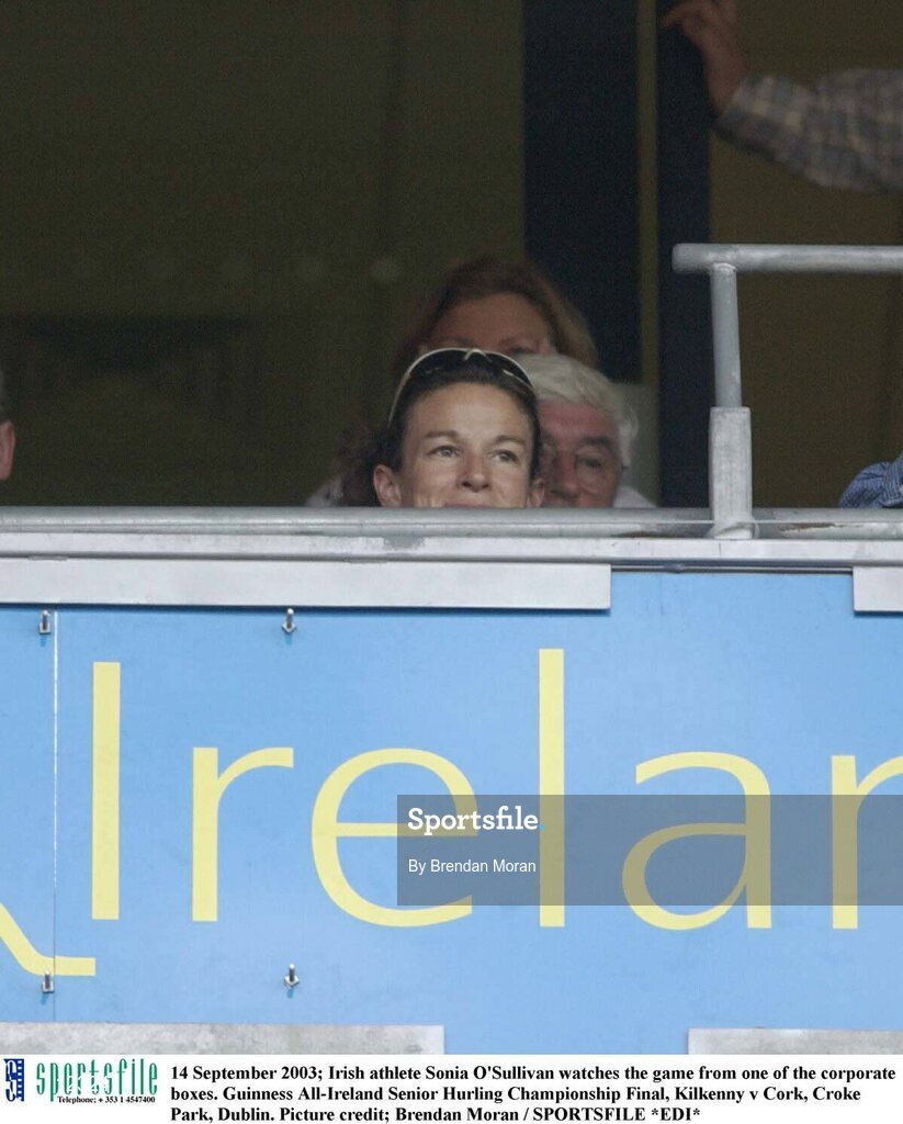 14 September 2003; Irish athlete Sonia O'Sullivan watches the game from one of the corporate boxes. Guinness All-Ireland Senior Hurling Championship Final, Kilkenny v Cork, Croke Park, Dublin. Picture credit; Brendan Moran / SPORTSFILE *EDI*