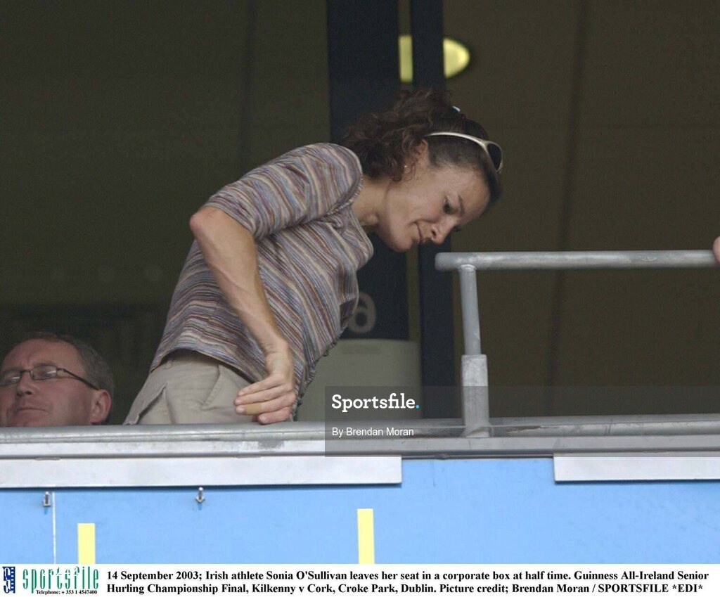 14 September 2003; Irish athlete Sonia O'Sullivan leaves her seat in a corporate box at half time. Guinness All-Ireland Senior Hurling Championship Final, Kilkenny v Cork, Croke Park, Dublin. Picture credit; Brendan Moran / SPORTSFILE *EDI*