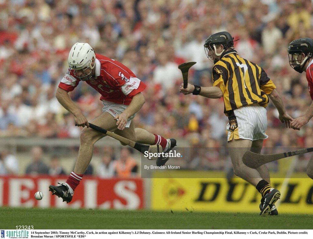 14 September 2003; Timmy McCarthy, Cork, in action against Kilkenny's J.J Delaney. Guinness All-Ireland Senior Hurling Championship Final, Kilkenny v Cork, Croke Park, Dublin. Picture credit; Brendan Moran / SPORTSFILE *EDI*