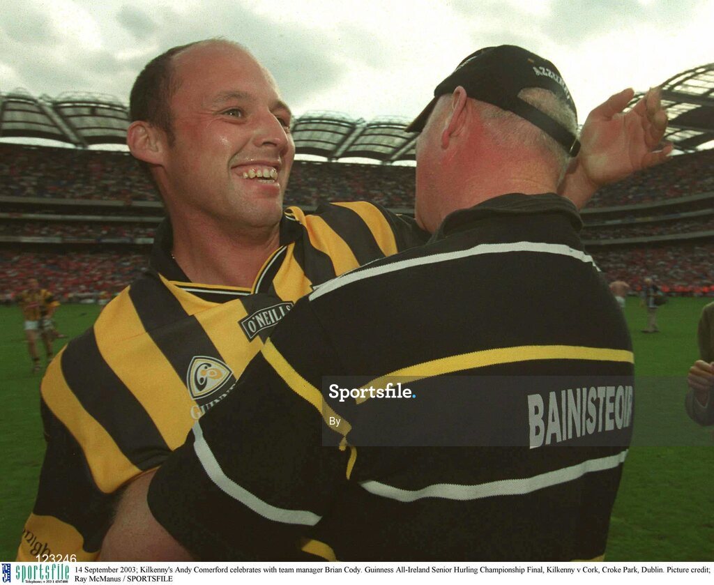 14 September 2003; Kilkenny's Andy Comerford celebrates with team manager Brian Cody. Guinness All-Ireland Senior Hurling Championship Final, Kilkenny v Cork, Croke Park, Dublin. Picture credit; Ray McManus / SPORTSFILE