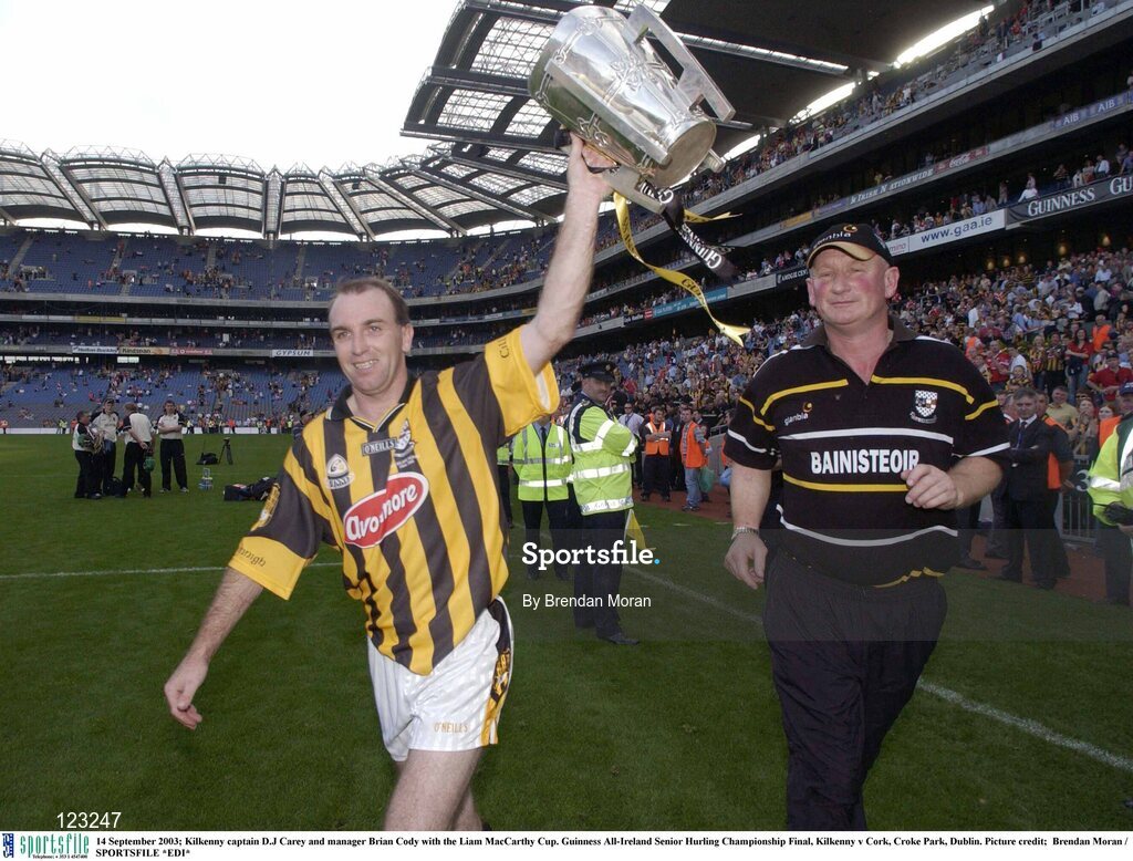 14 September 2003; Kilkenny captain D.J Carey and manager Brian Cody with the Liam MacCarthy Cup. Guinness All-Ireland Senior Hurling Championship Final, Kilkenny v Cork, Croke Park, Dublin. Picture credit;  Brendan Moran / SPORTSFILE *EDI*